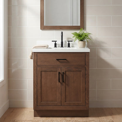 Isabella 30-Inch Brown Oak bathroom vanity in styled bathroom setting
