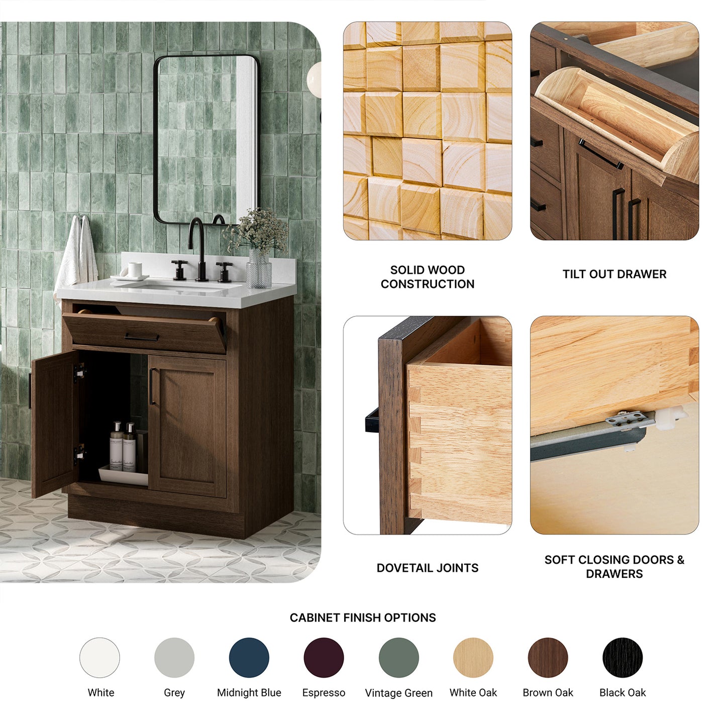 Isabella 30-Inch Brown Oak bathroom vanity – feature highlights: solid wood frame, soft-close doors and drawers, Sherwin-Williams paint finish
