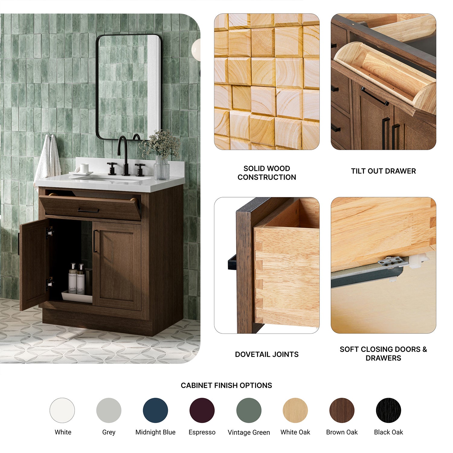 Isabella 30-Inch Brown Oak bathroom vanity – feature highlights: solid wood frame, soft-close doors and drawers, Sherwin-Williams paint finish