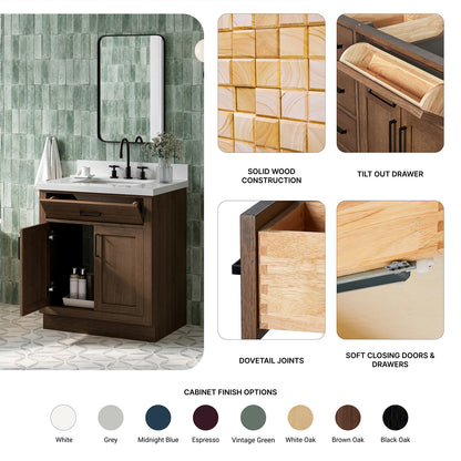 Isabella 30-Inch Brown Oak bathroom vanity – feature highlights: solid wood frame, soft-close doors and drawers, Sherwin-Williams paint finish