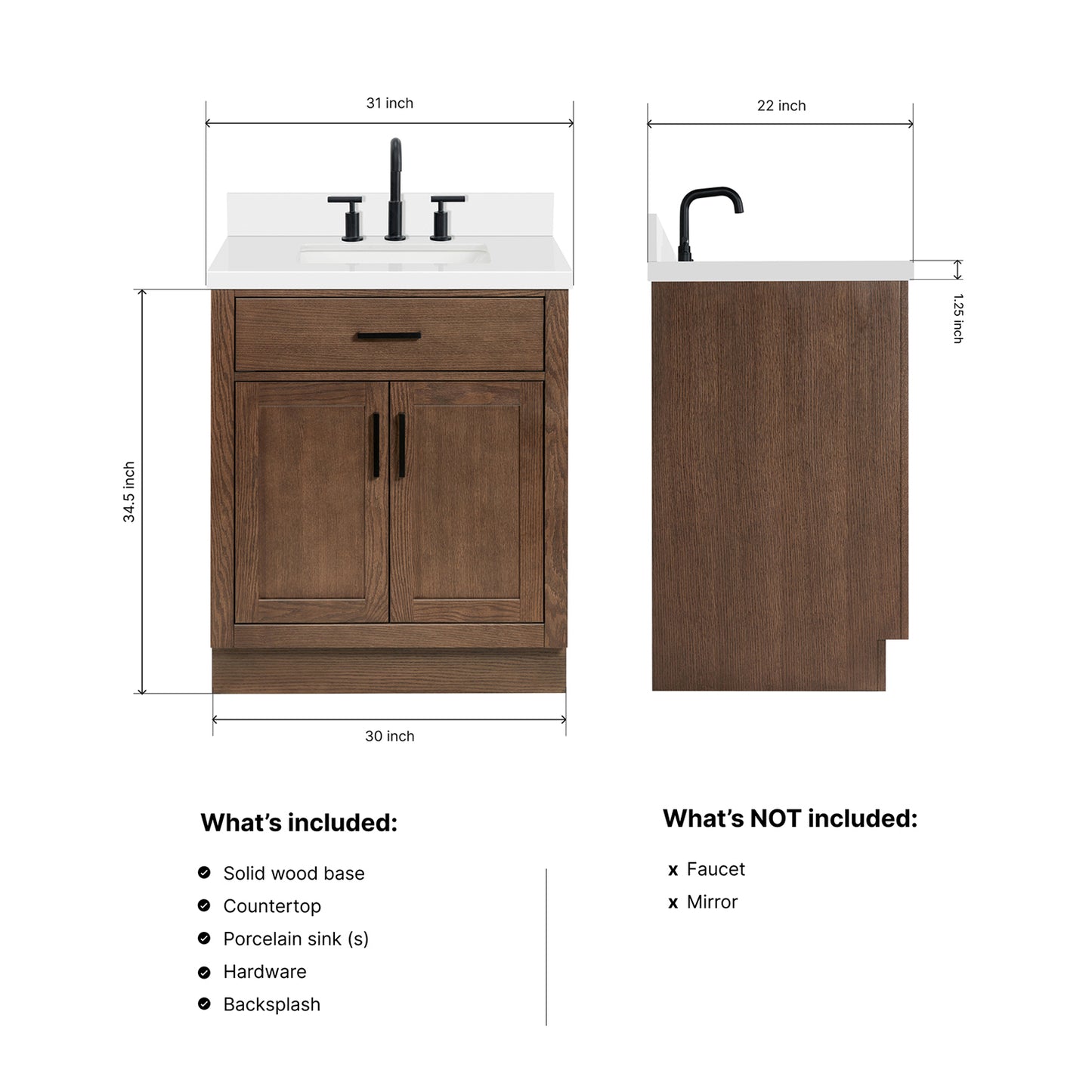 Isabella 30-Inch Brown Oak bathroom vanity dimensions