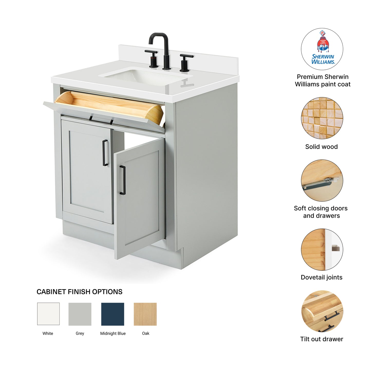 Isabella 30-Inch Grey bathroom vanity – feature highlights: solid wood frame, soft-close doors and drawers, Sherwin-Williams paint finish
