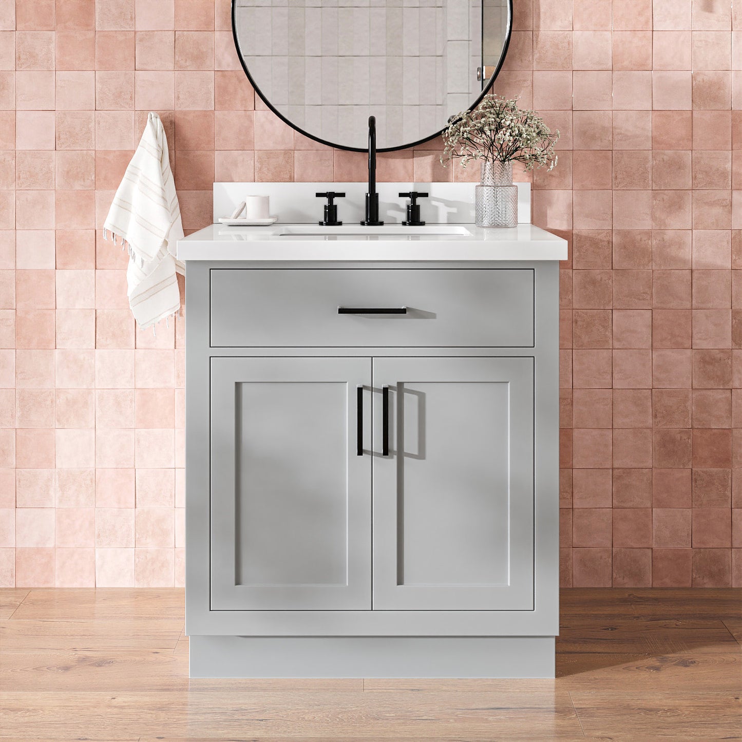 Isabella 30-Inch Grey bathroom vanity in styled bathroom setting