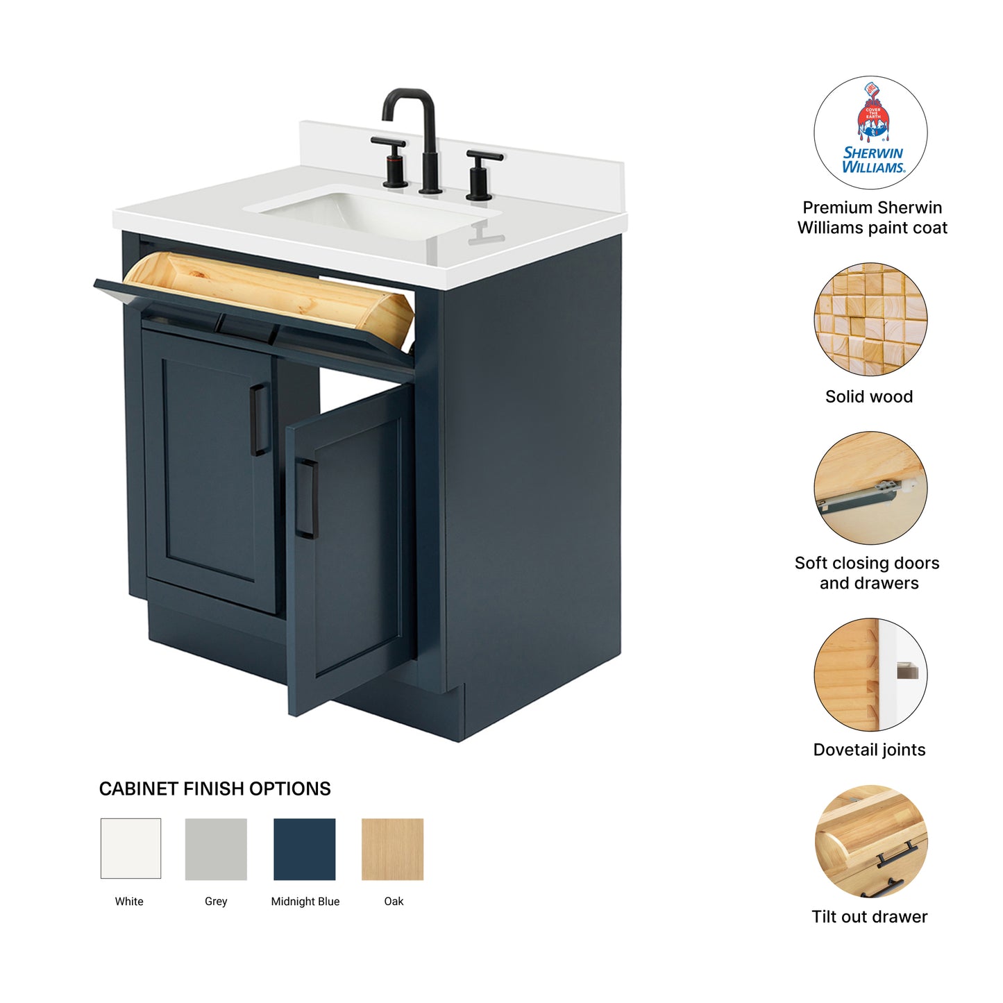 Isabella 30-Inch Midnight Blue bathroom vanity – feature highlights: solid wood frame, soft-close doors and drawers, Sherwin-Williams paint finish