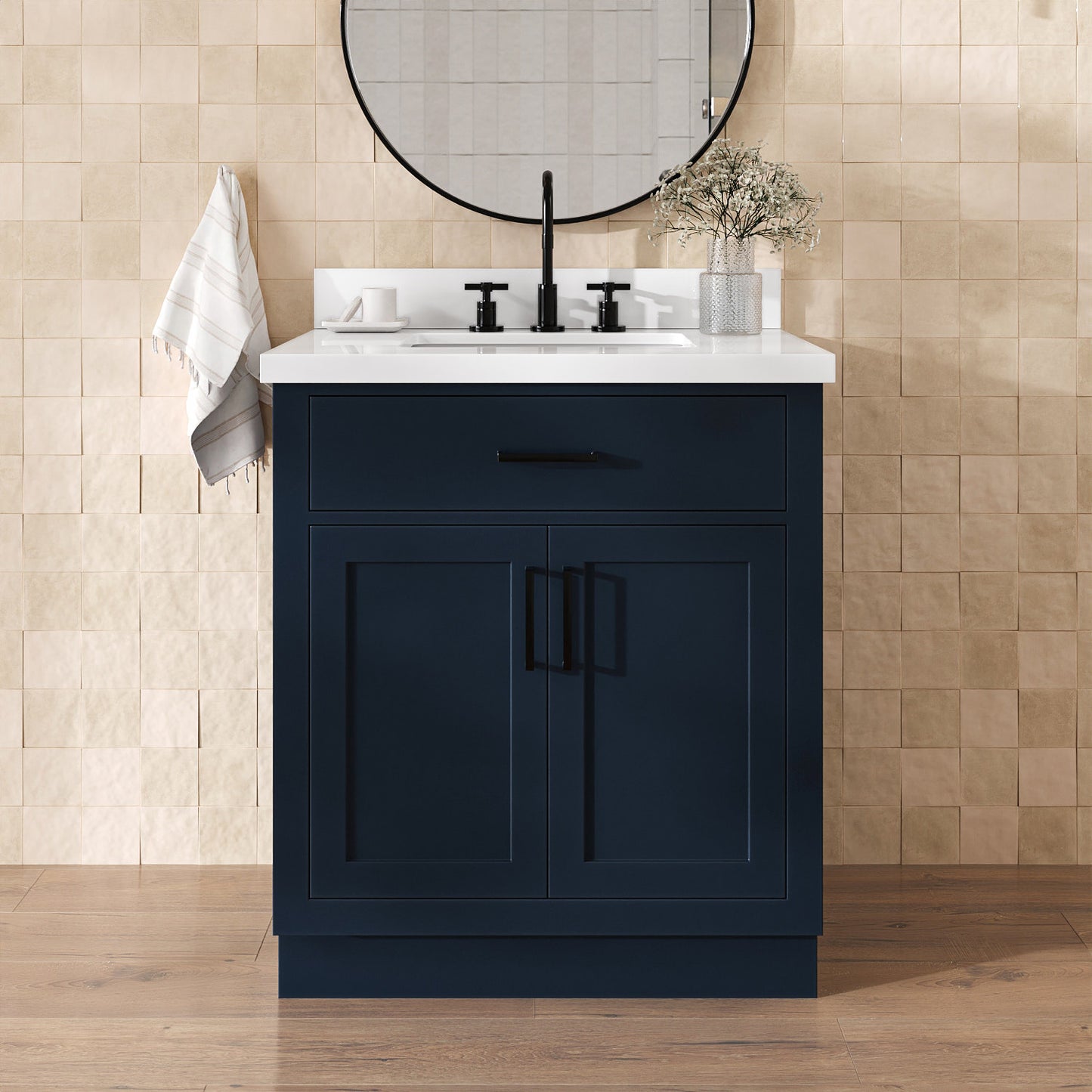 Isabella 30-Inch Midnight Blue bathroom vanity in styled bathroom setting