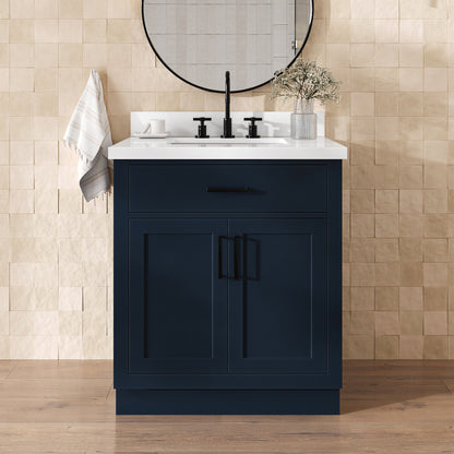 Isabella 30-Inch Midnight Blue bathroom vanity in styled bathroom setting