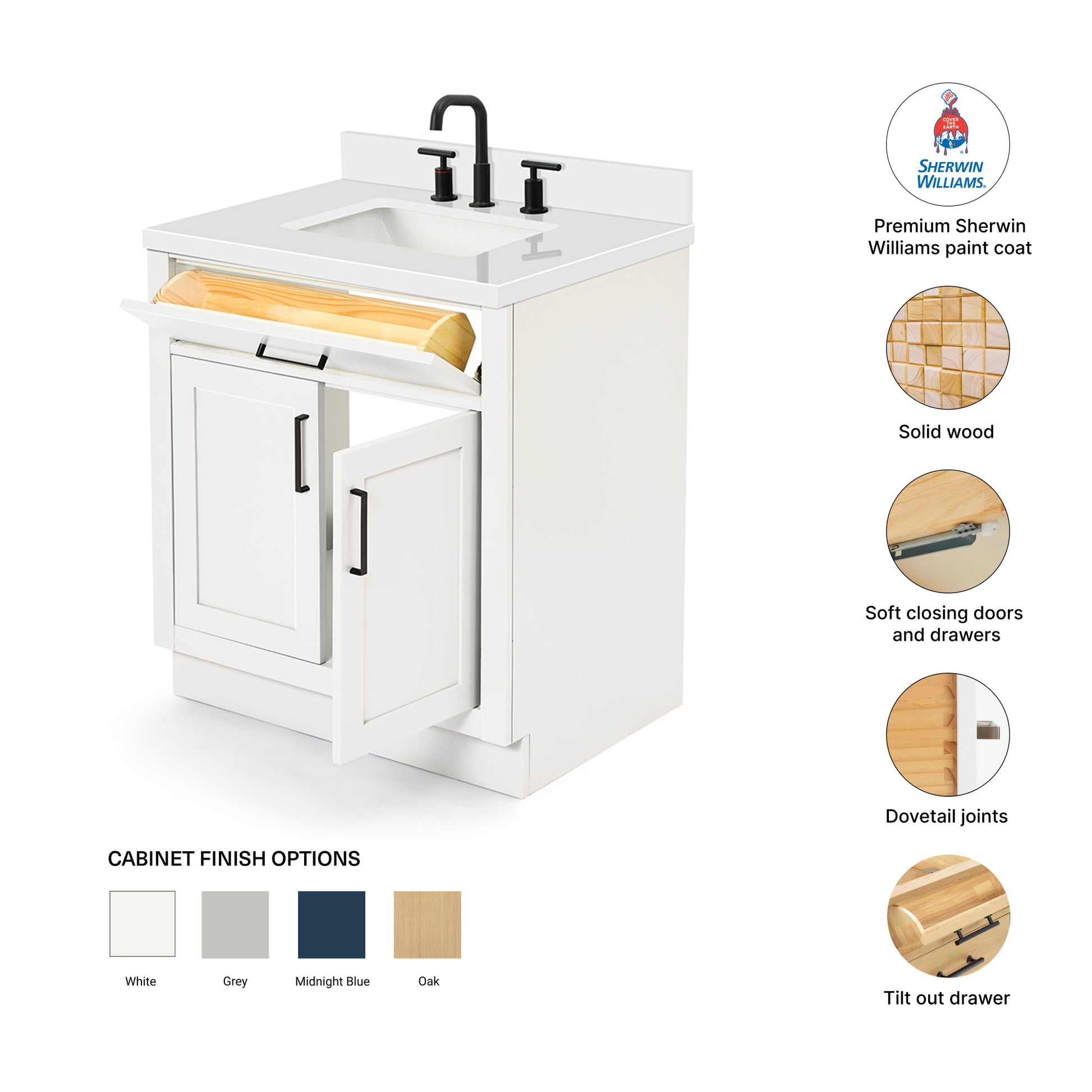Isabella 30-Inch White bathroom vanity – feature highlights: solid wood frame, soft-close doors and drawers, Sherwin-Williams paint finish