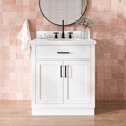 Isabella 30-Inch White bathroom vanity in styled bathroom setting