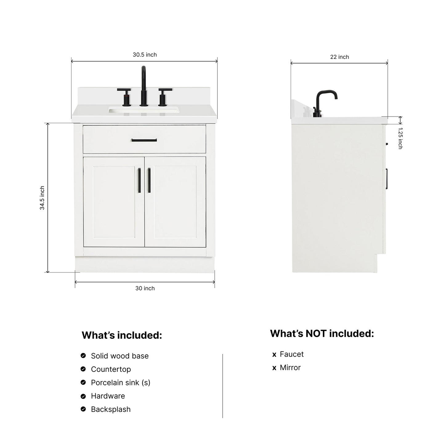 Isabella 30-Inch White bathroom vanity dimensions