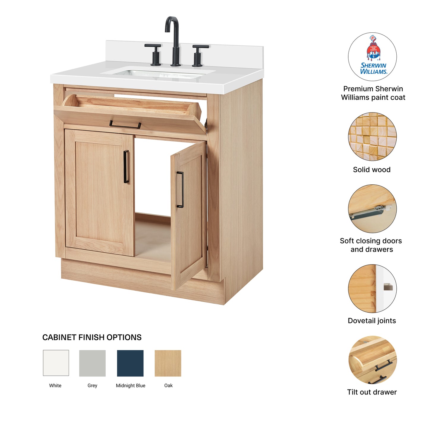 Isabella 30-Inch White Oak bathroom vanity – feature highlights: solid wood frame, soft-close doors and drawers, Sherwin-Williams paint finish