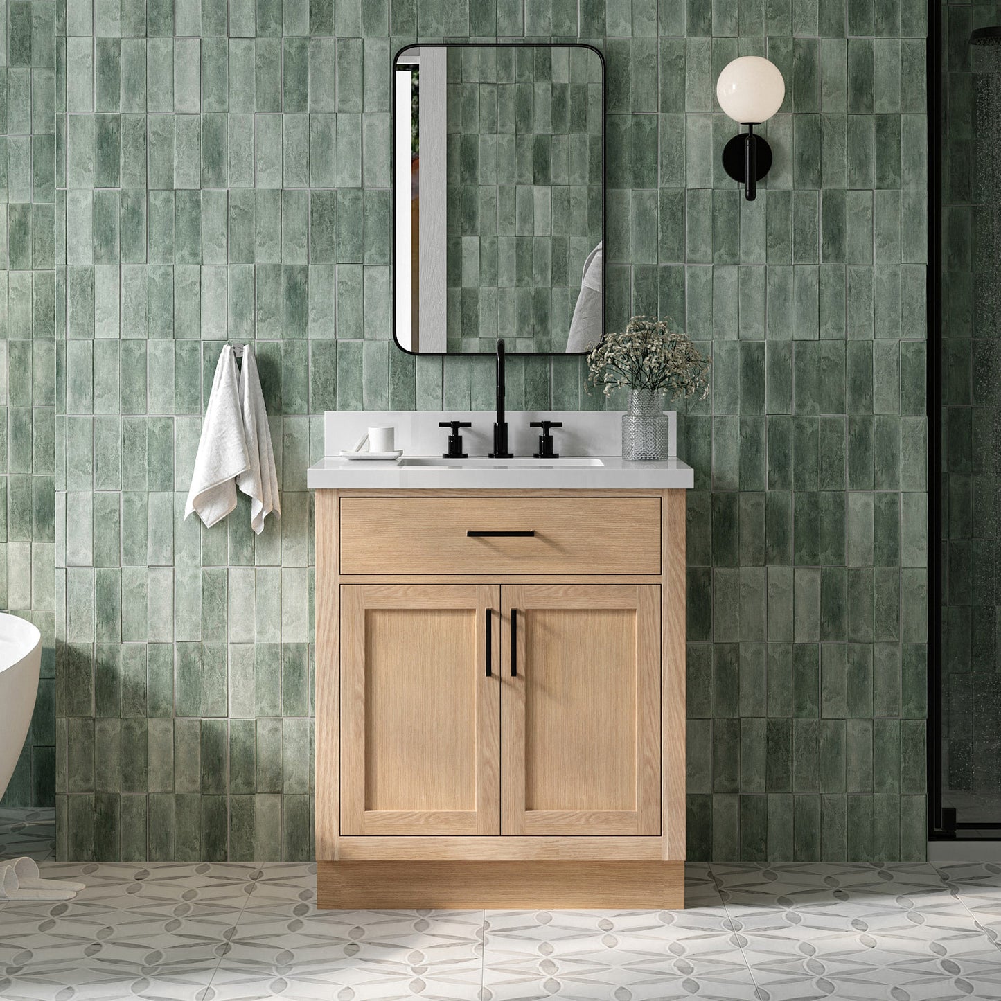 Isabella 30-Inch White Oak bathroom vanity in styled bathroom setting