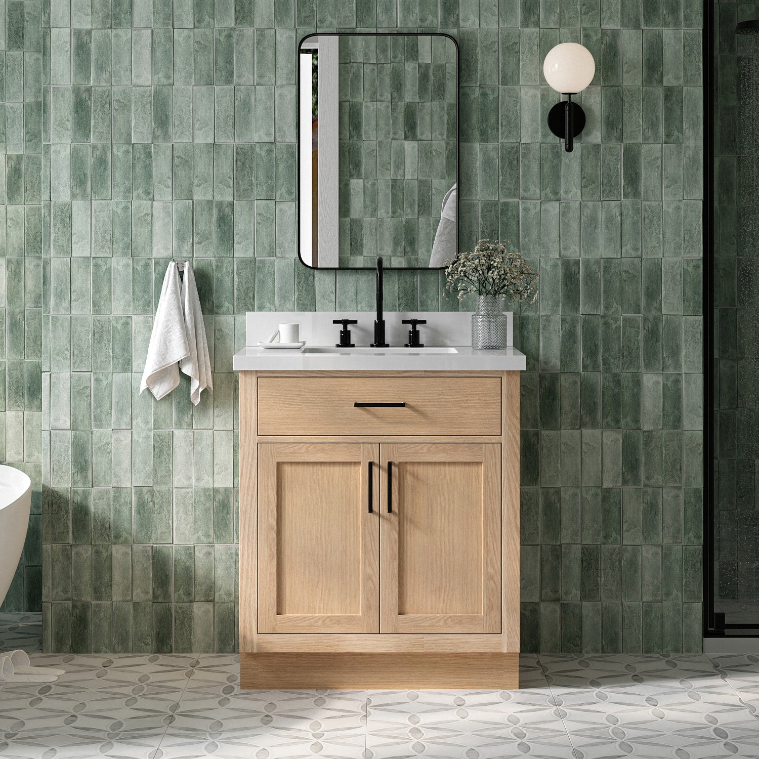 Isabella 30-Inch White Oak bathroom vanity in styled bathroom setting