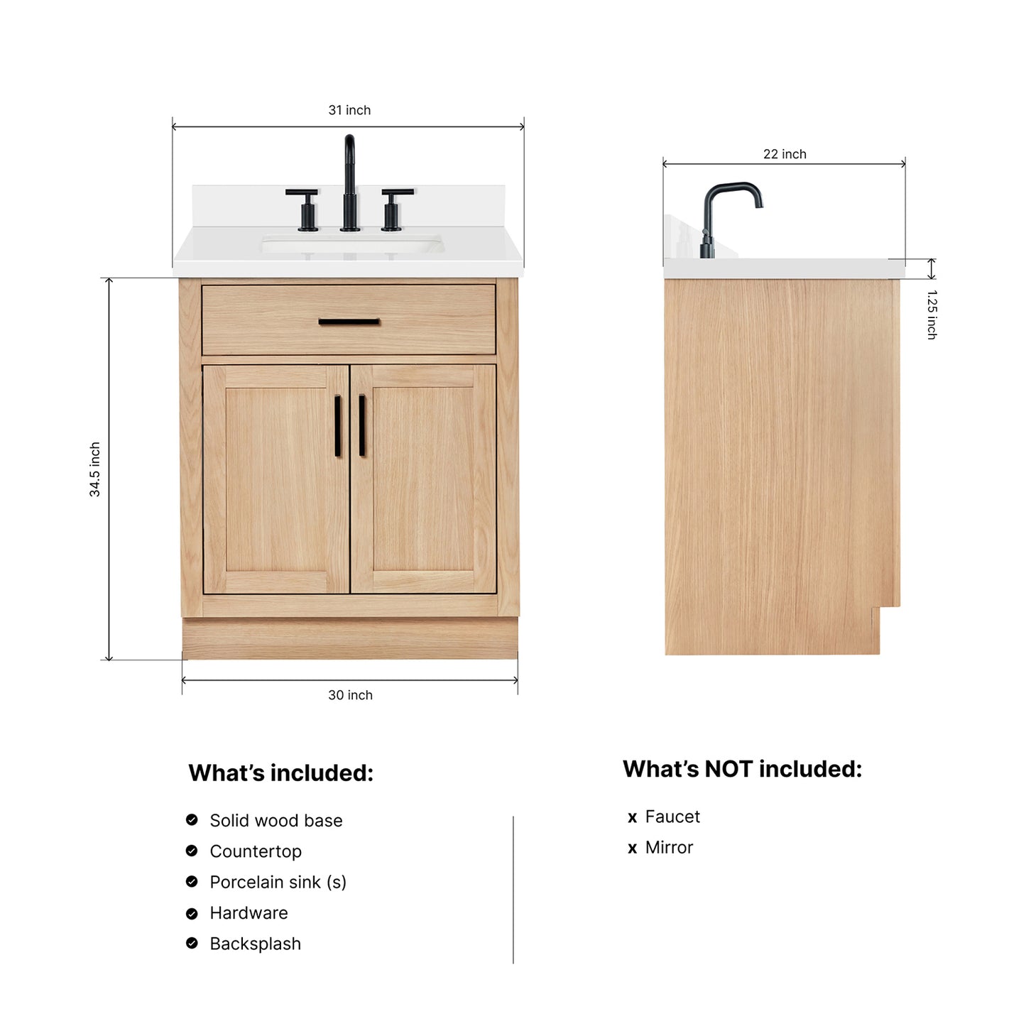 Isabella 30-Inch White Oak bathroom vanity dimensions