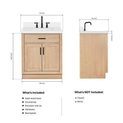 Isabella 30-Inch White Oak bathroom vanity dimensions