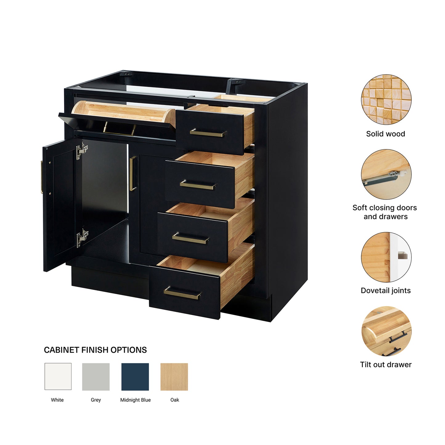 Isabella 36-inch Black base cabinet on feature highlights: solid wood frame, soft-close doors and drawers, Sherwin-Williams paint finish