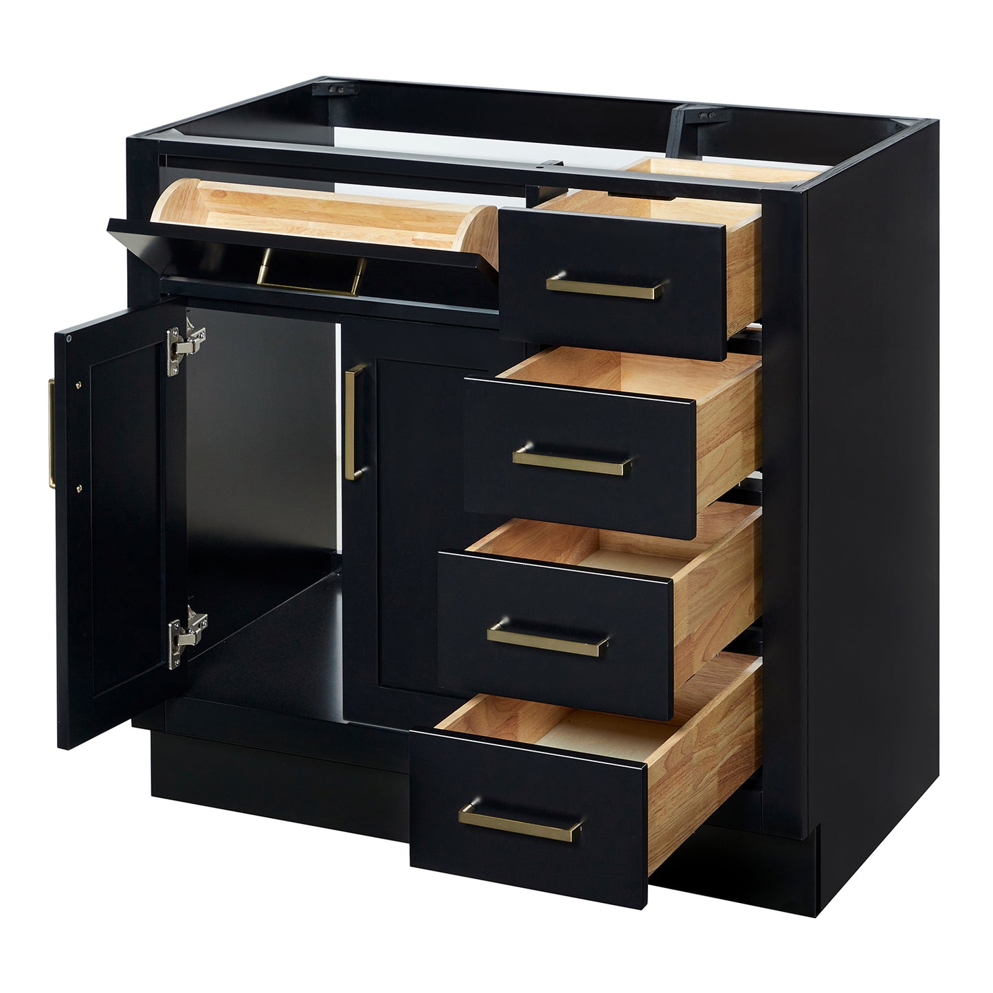 Isabella 36-inch Black base cabinet on white back ground side view open door