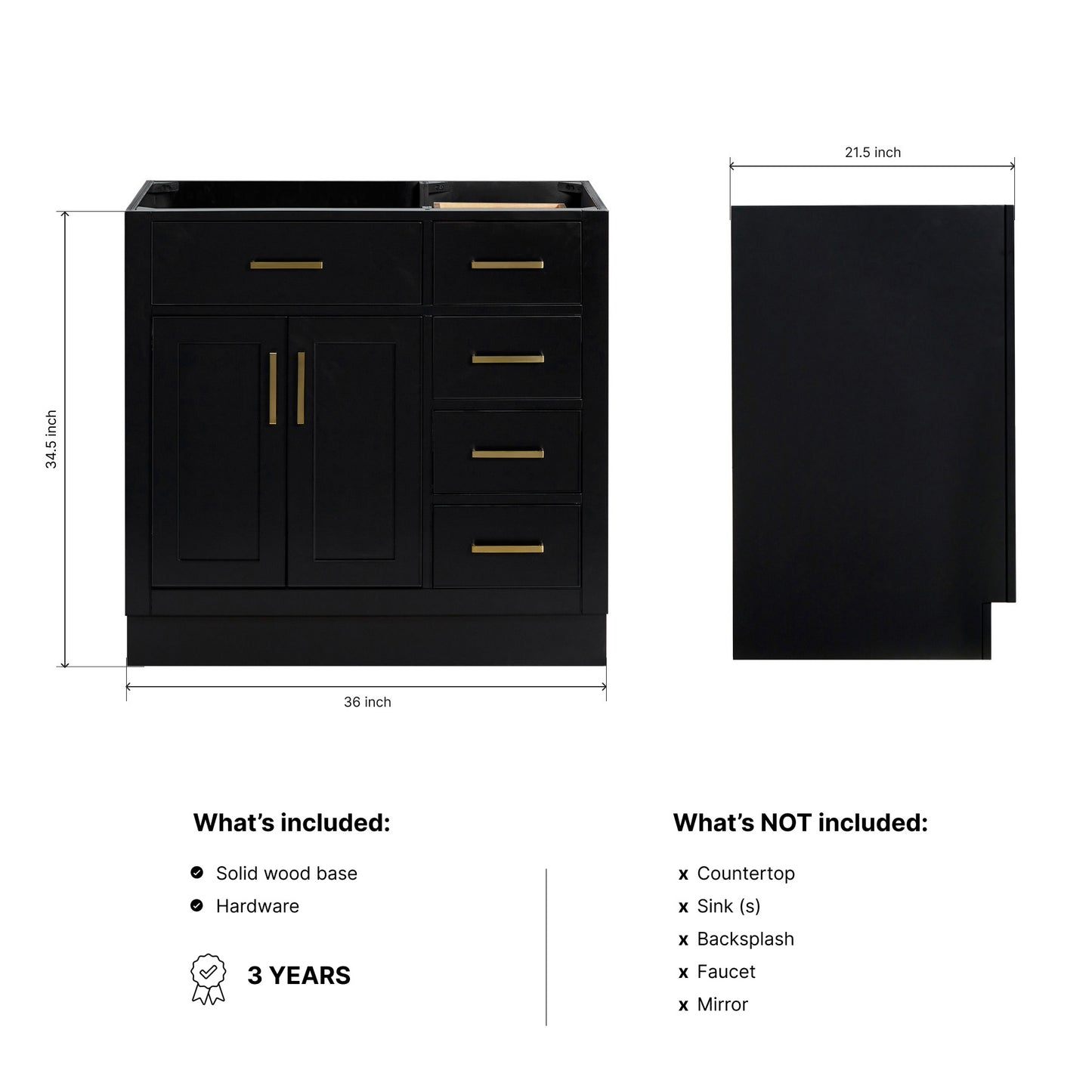 Isabella 36-inch Black base cabinet on dimensions