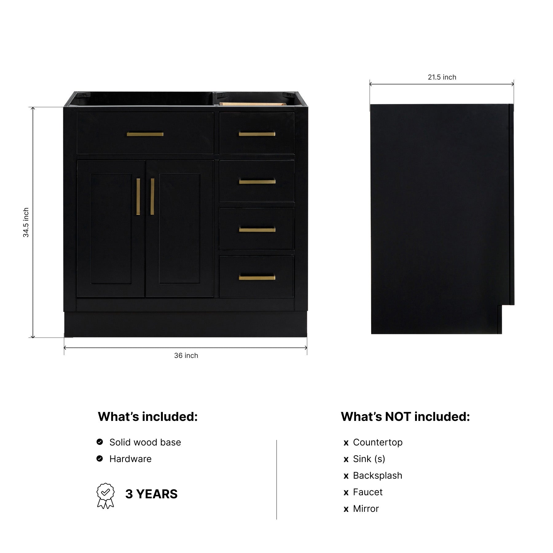 Isabella 36-inch Black base cabinet on dimensions