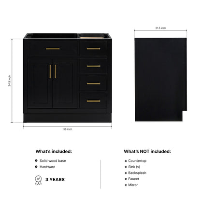 Isabella 36-inch Black base cabinet on dimensions