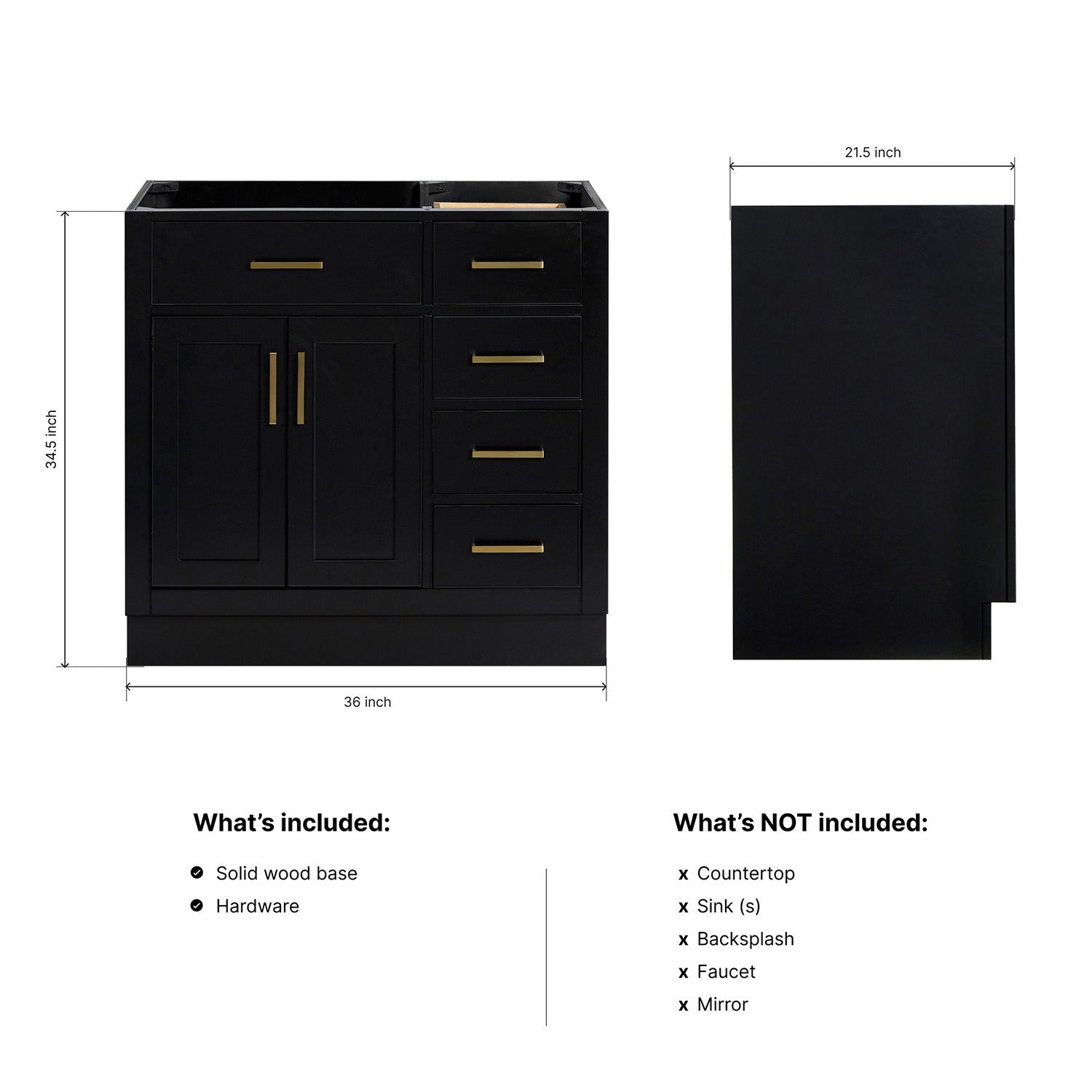 Isabella 36-inch Black base cabinet on dimensions