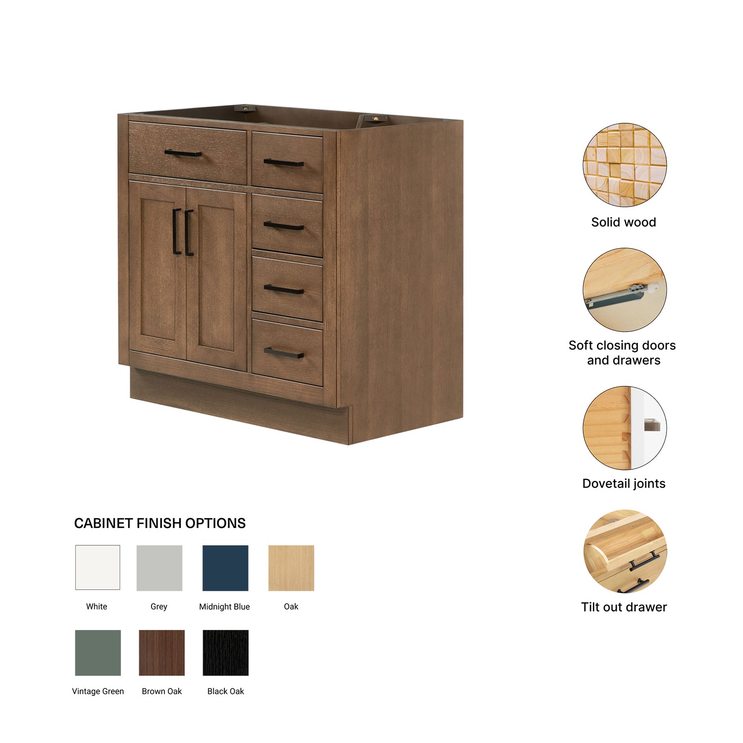 Isabella 36-inch Brown Oak base cabinet on feature highlights: solid wood frame, soft-close doors and drawers, Sherwin-Williams paint finish
