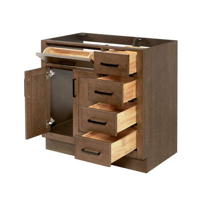 Isabella 36-inch Brown Oak base cabinet on white back ground side view open door