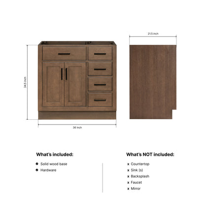Isabella 36-inch Brown Oak base cabinet on dimensions