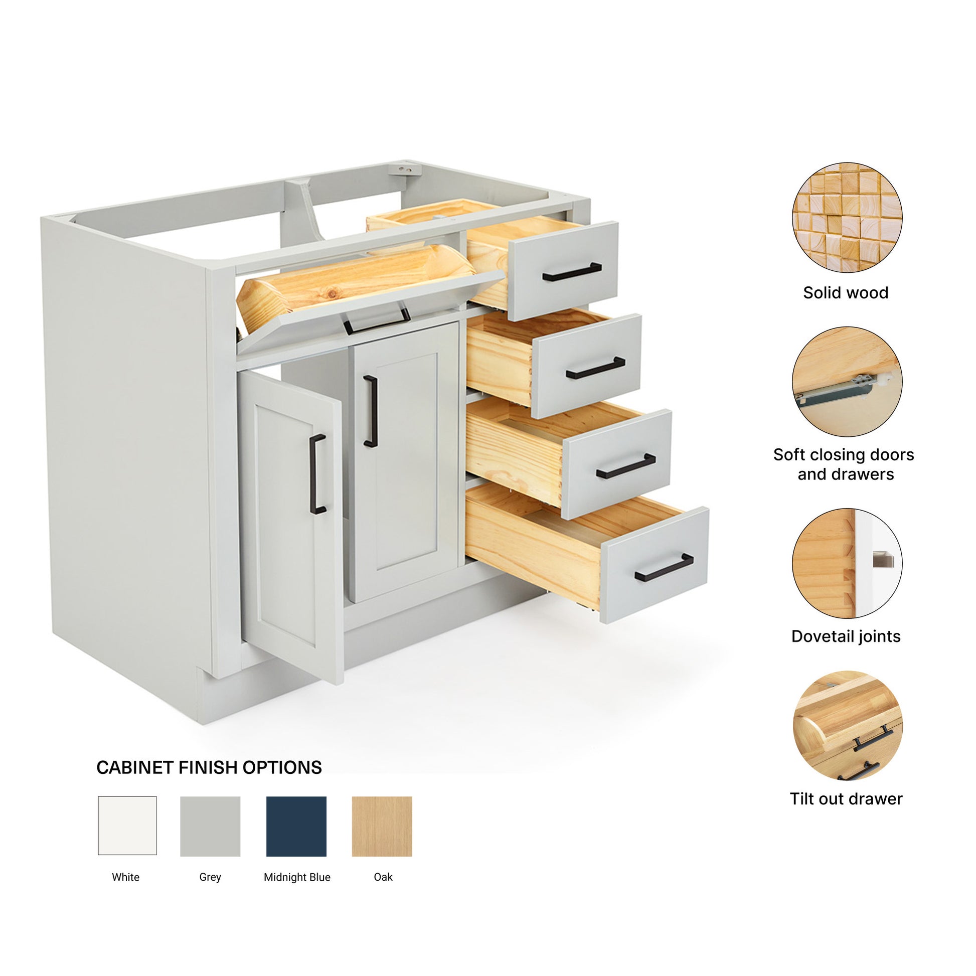 Isabella 36-inch Grey base cabinet on feature highlights: solid wood frame, soft-close doors and drawers, Sherwin-Williams paint finish