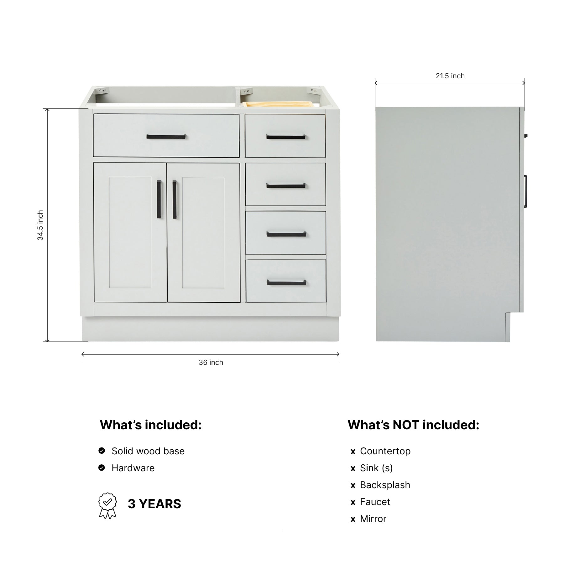 Isabella 36-inch Grey base cabinet on dimensions