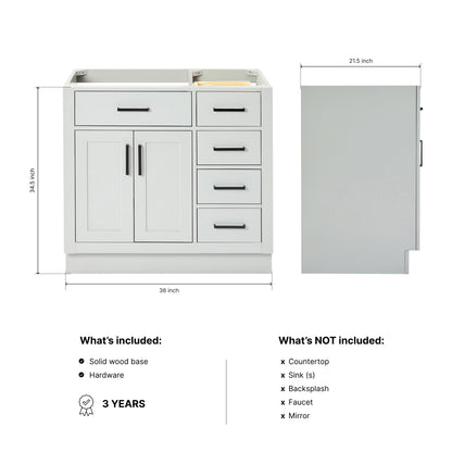 Isabella 36-inch Grey base cabinet on dimensions