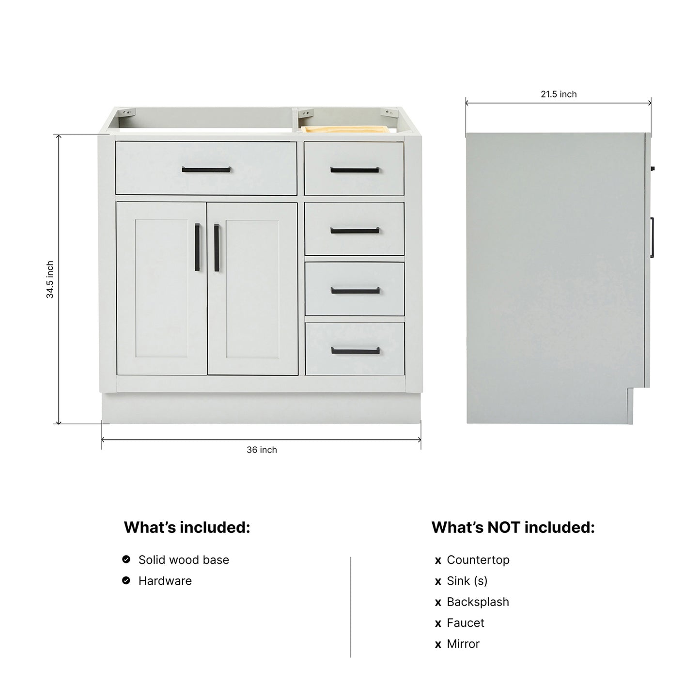 Isabella 36-inch Grey base cabinet on dimensions