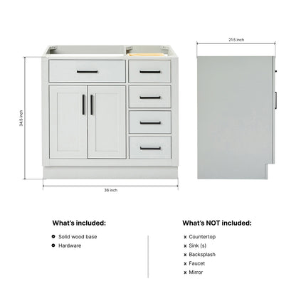 Isabella 36-inch Grey base cabinet on dimensions