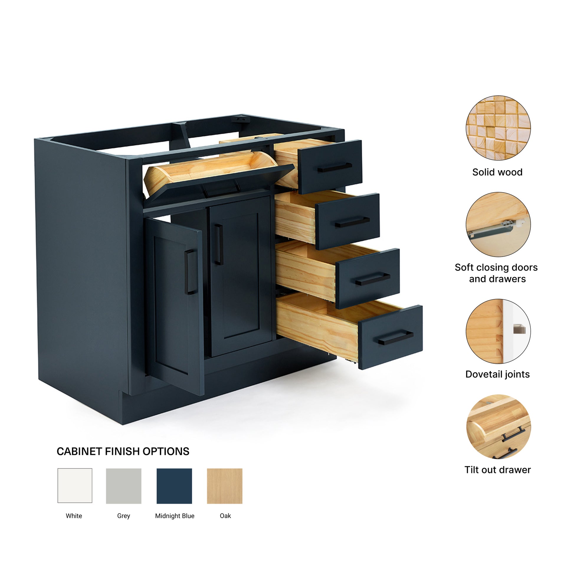 Isabella 36-inch Midnight Blue base cabinet on feature highlights: solid wood frame, soft-close doors and drawers, Sherwin-Williams paint finish