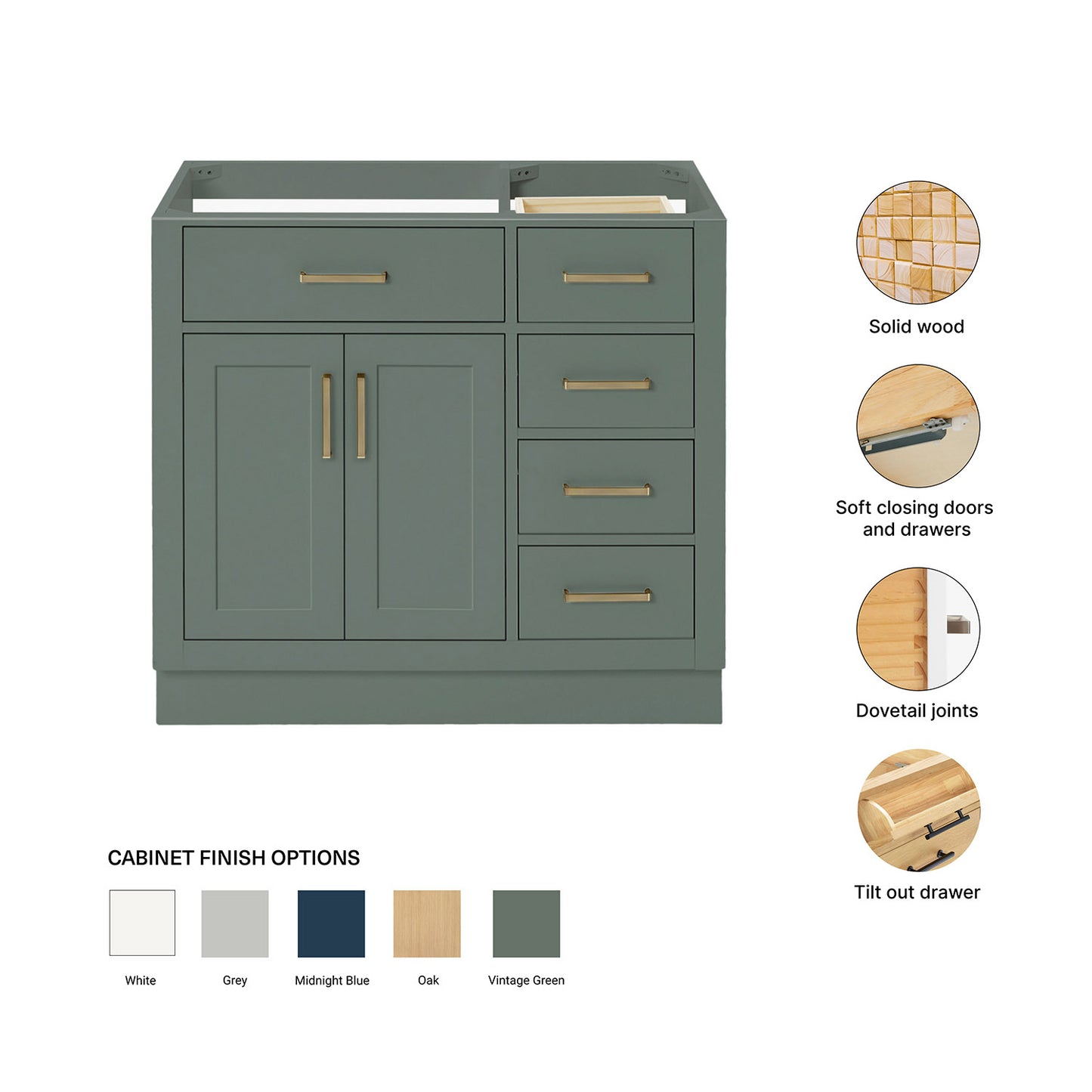 Isabella 36-inch Vintage Green base cabinet on feature highlights: solid wood frame, soft-close doors and drawers, Sherwin-Williams paint finish