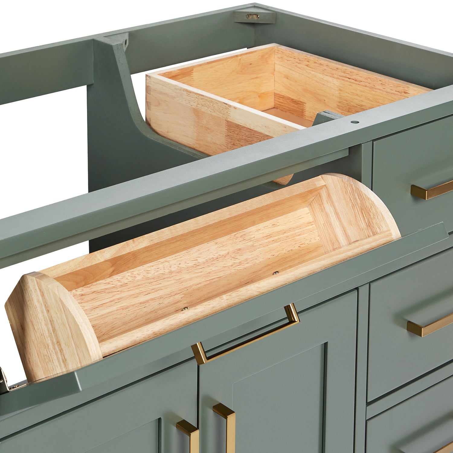 Isabella 36-inch Vintage Green base cabinet on white back ground side view open door