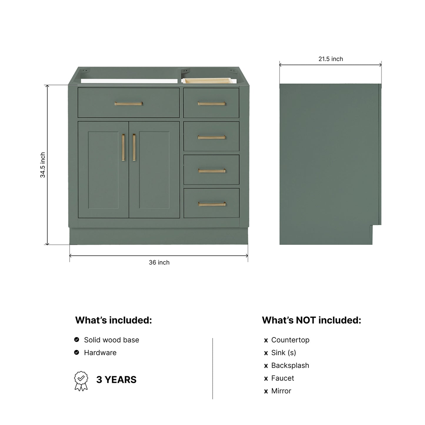Isabella 36-inch Vintage Green base cabinet on dimensions