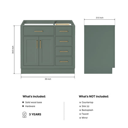 Isabella 36-inch Vintage Green base cabinet on dimensions