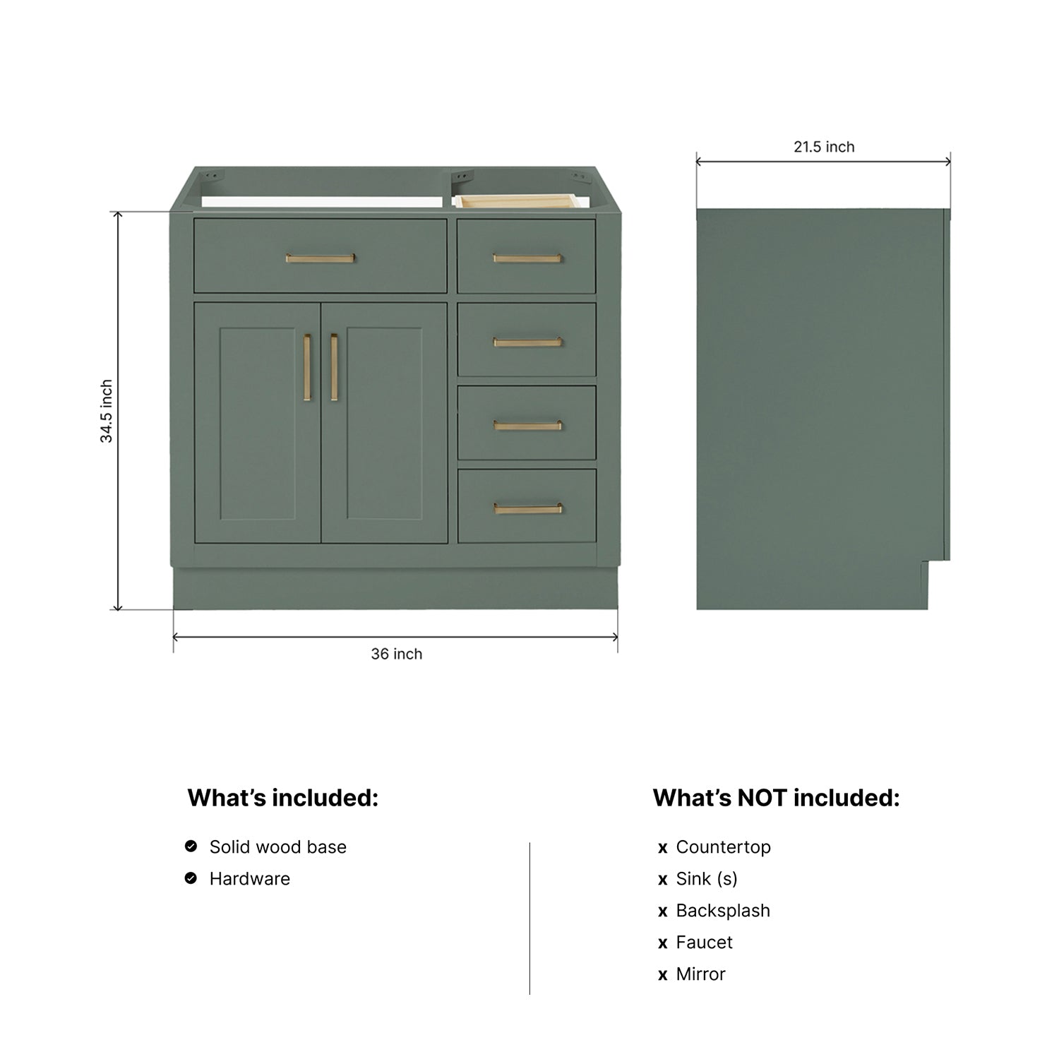 Isabella 36-inch Vintage Green base cabinet on dimensions