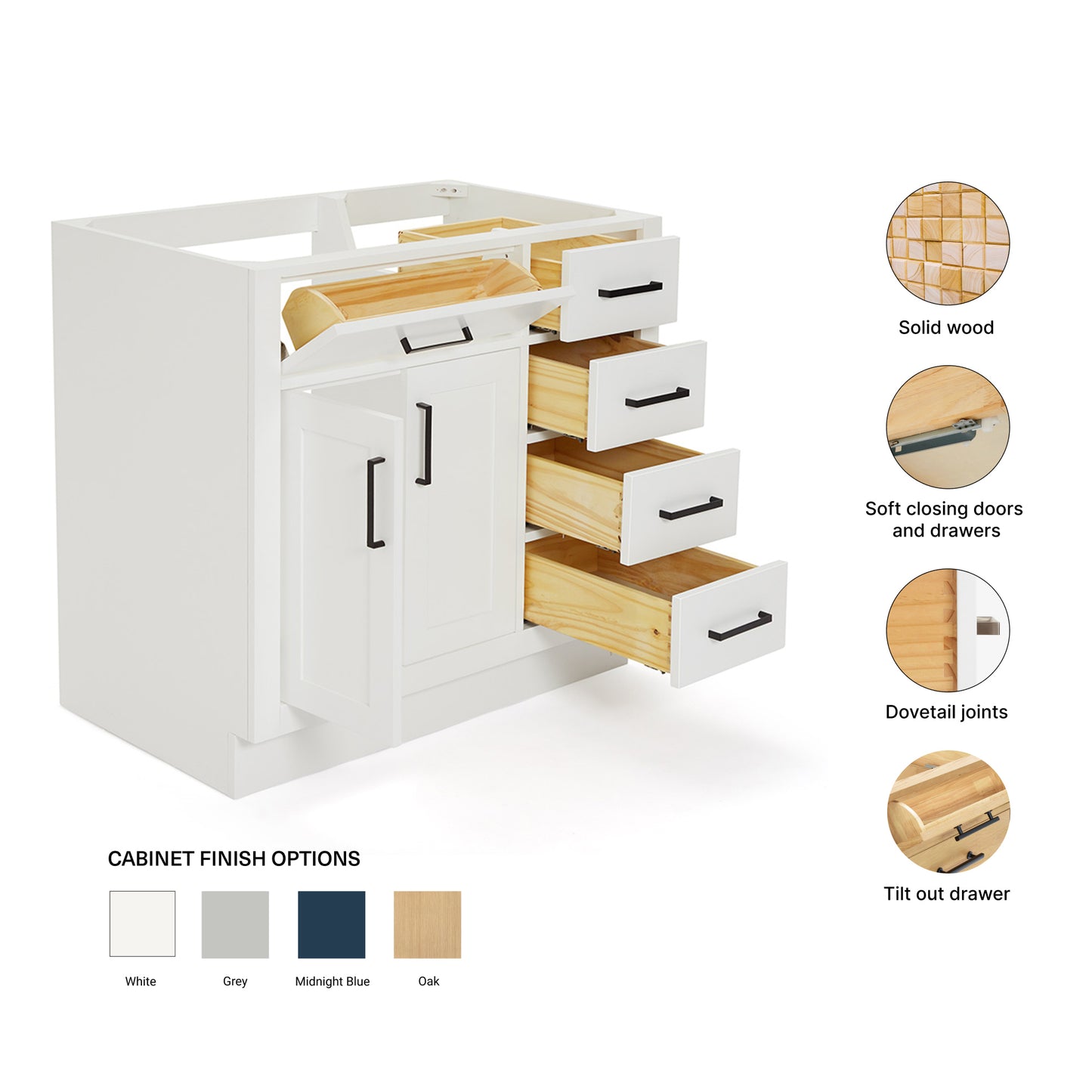 Isabella 36-inch White base cabinet on feature highlights: solid wood frame, soft-close doors and drawers, Sherwin-Williams paint finish
