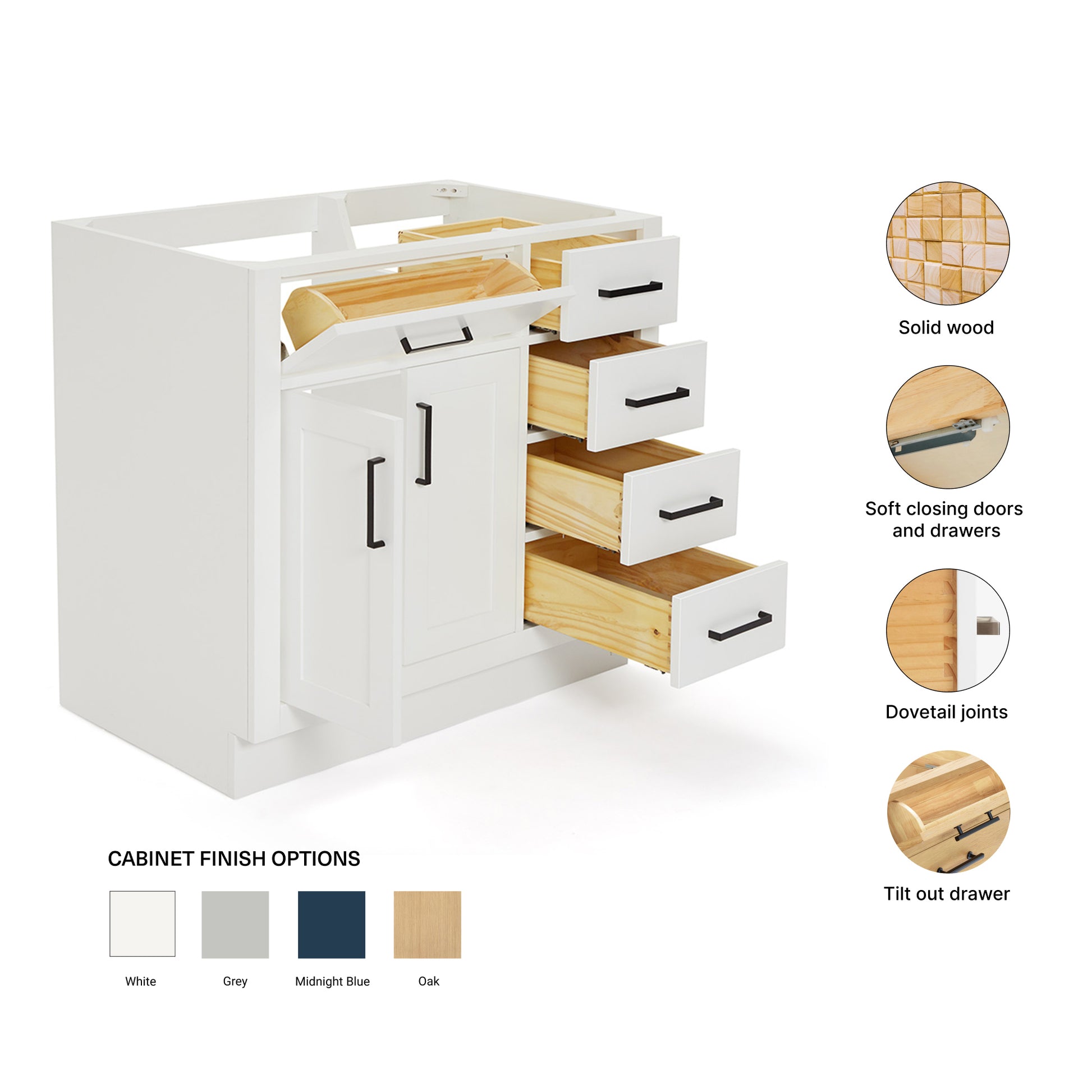 Isabella 36-inch White base cabinet on feature highlights: solid wood frame, soft-close doors and drawers, Sherwin-Williams paint finish