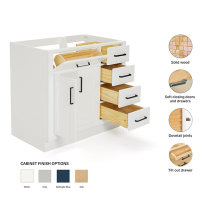 Isabella 36-inch White base cabinet on feature highlights: solid wood frame, soft-close doors and drawers, Sherwin-Williams paint finish