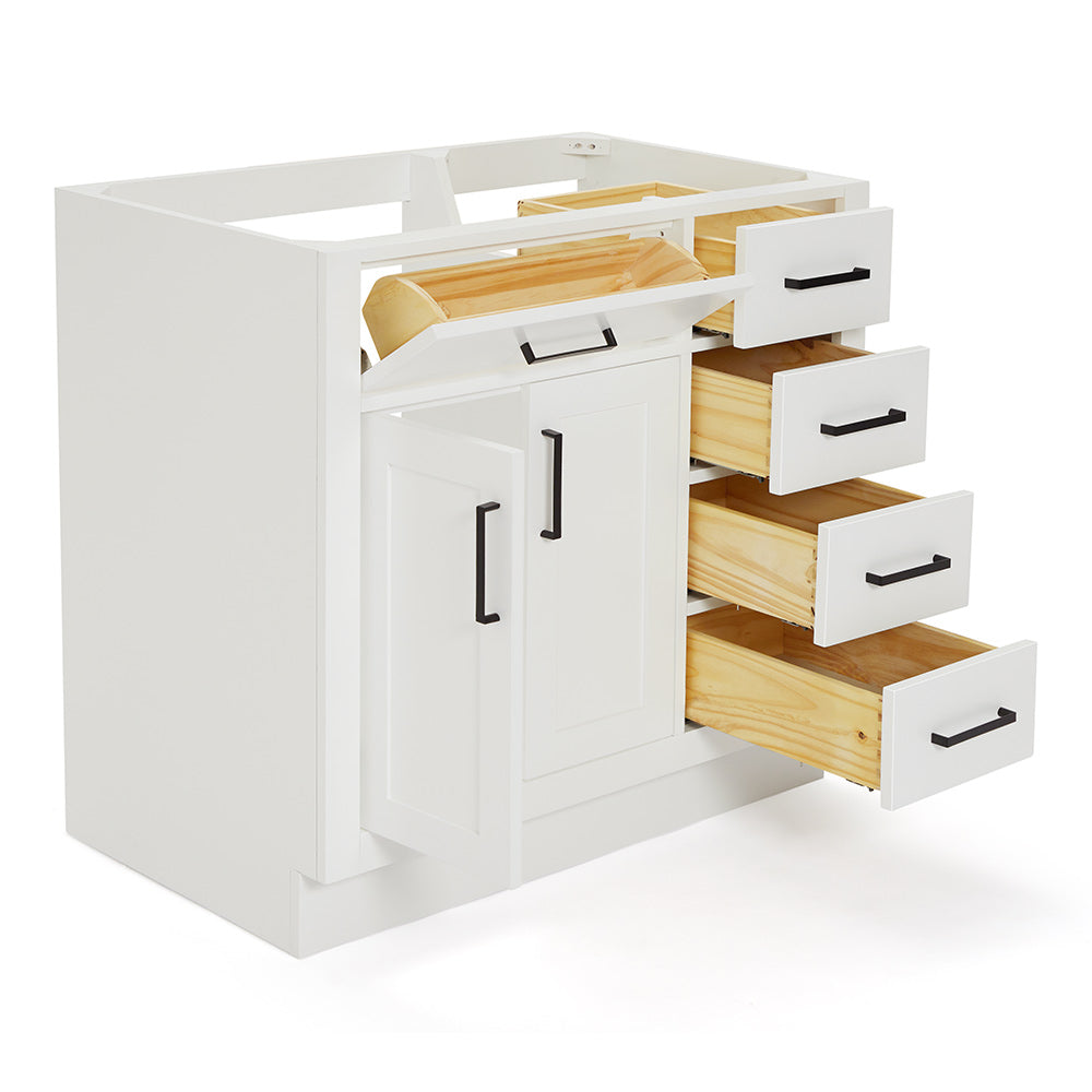 Isabella 36-inch White base cabinet on white back ground side view open door
