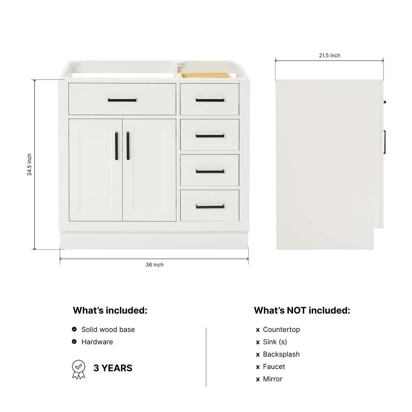 Isabella 36-inch White base cabinet on dimensions