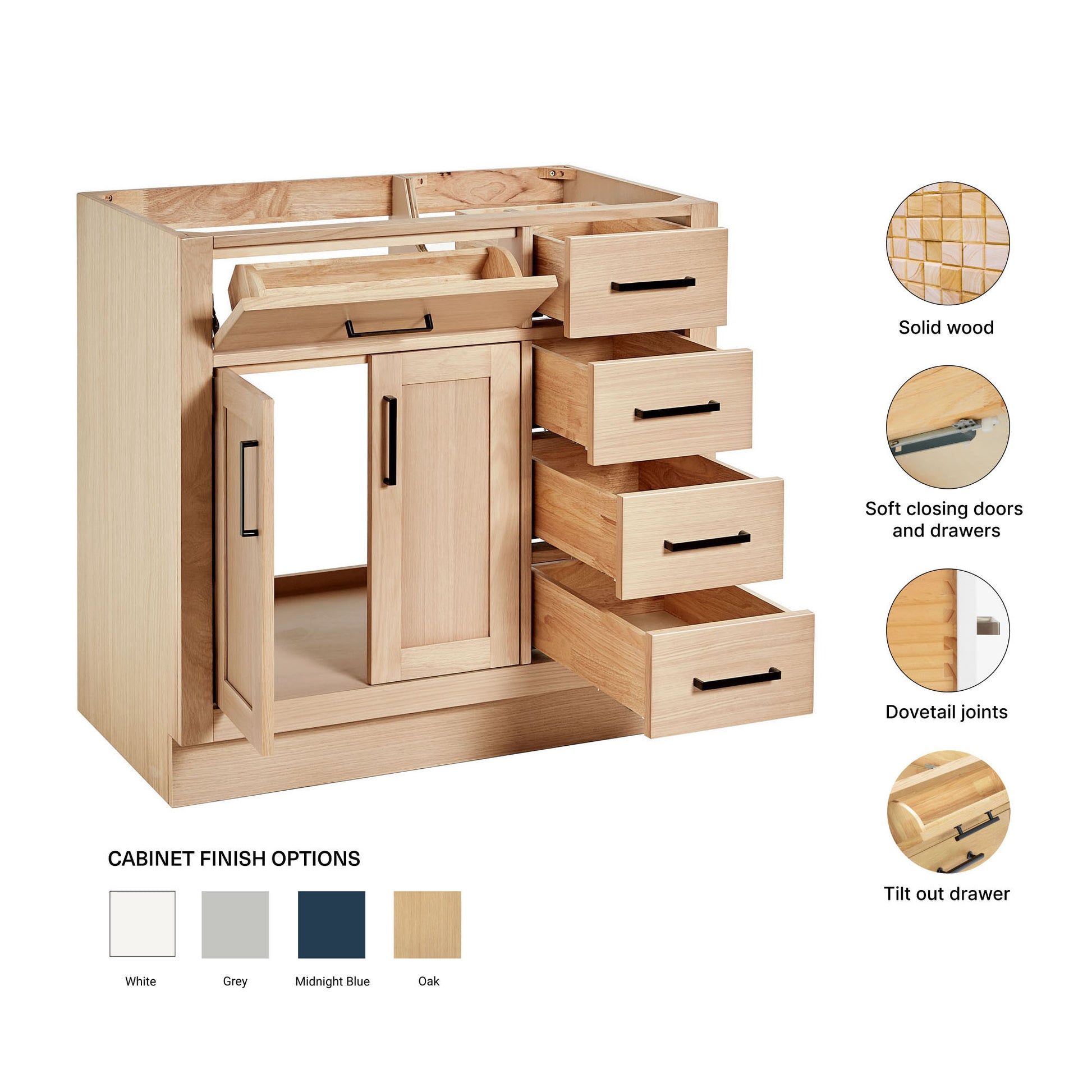 Isabella 36-inch Natural Oak base cabinet on feature highlights: solid wood frame, soft-close doors and drawers, Sherwin-Williams paint finish