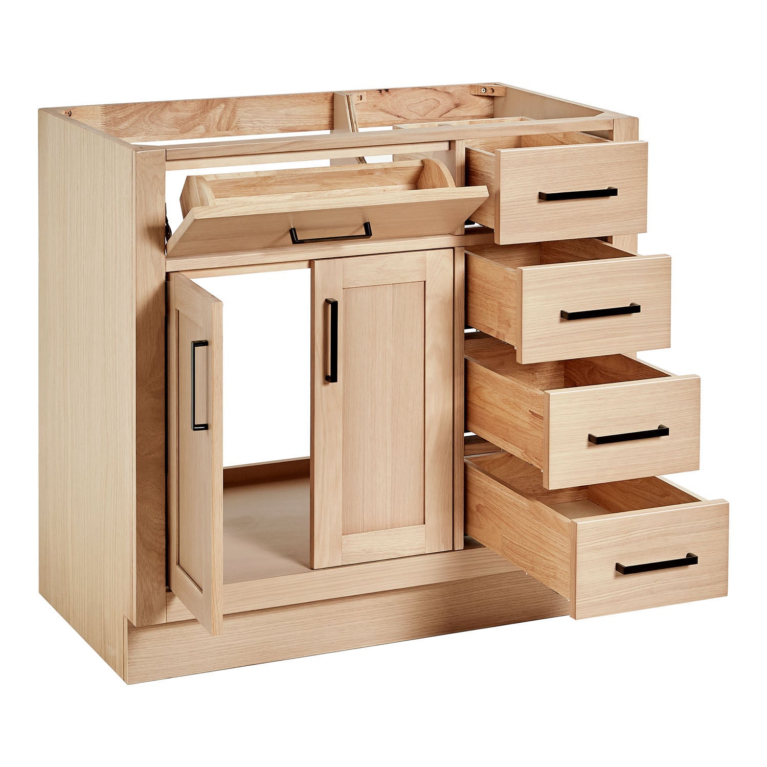 Isabella 36-inch Natural Oak base cabinet on white back ground side view open door