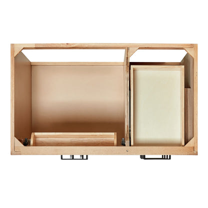 Isabella 36-inch Natural Oak base cabinet on white back ground front view open door
