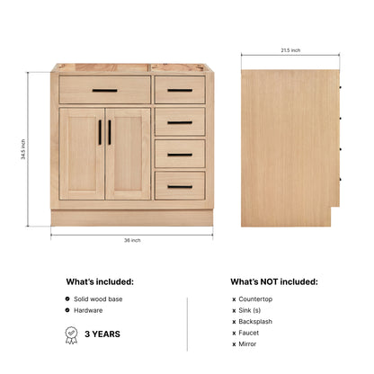 Isabella 36-inch Natural Oak base cabinet on dimensions