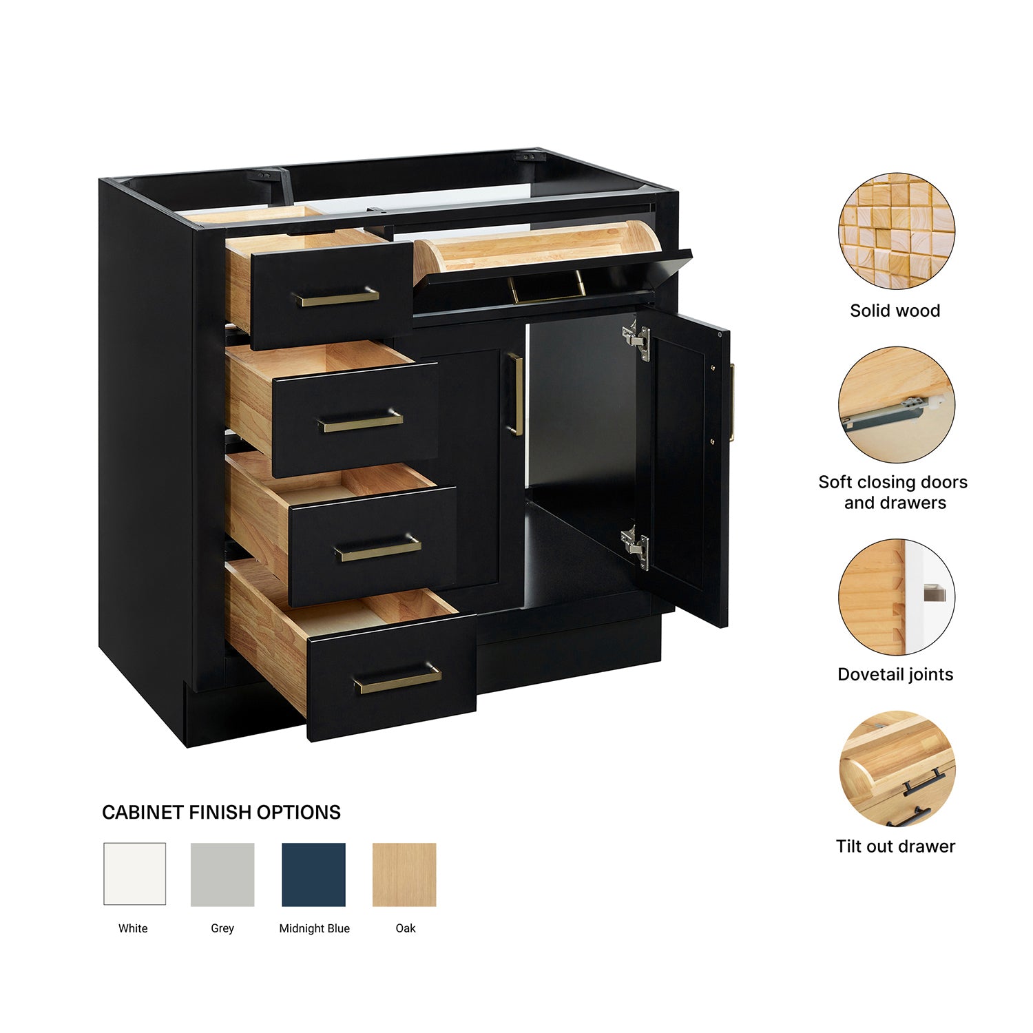 Isabella 36-inch Black base cabinet on feature highlights: solid wood frame, soft-close doors and drawers, Sherwin-Williams paint finish