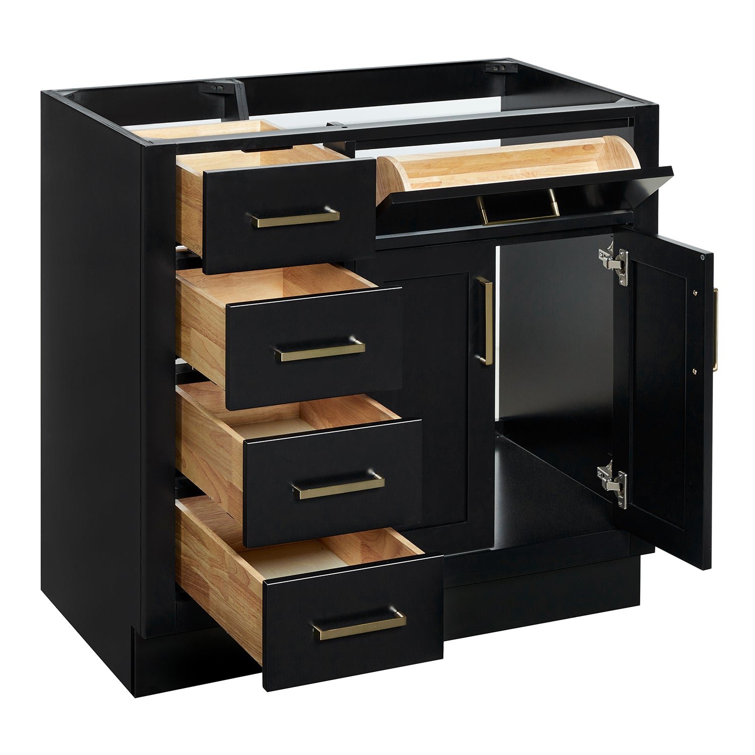 Isabella 36-inch Black base cabinet on white back ground side view open door