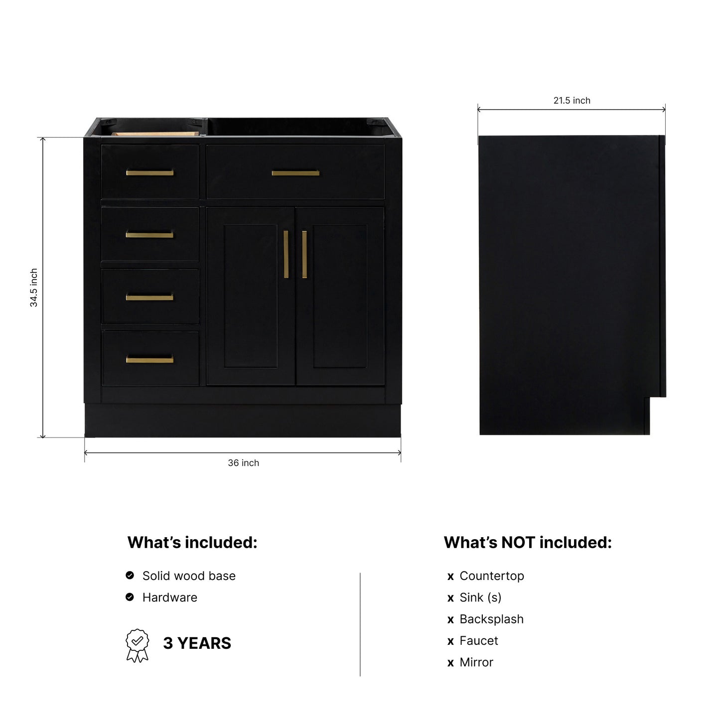 Isabella 36-inch Black base cabinet on dimensions